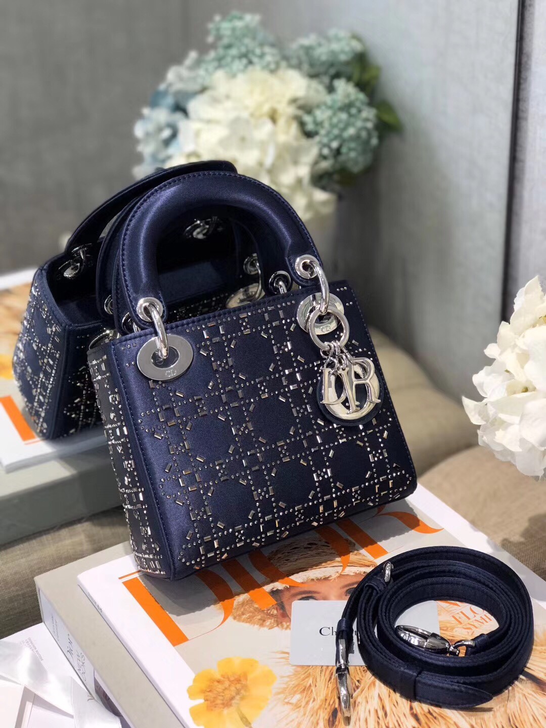 Mini Lady Dior Bag Deep Blue Strass Cannage Satin